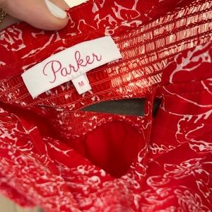 Parker floral print ruffle-shoulder silk top in Red. Size M. Excellent condition